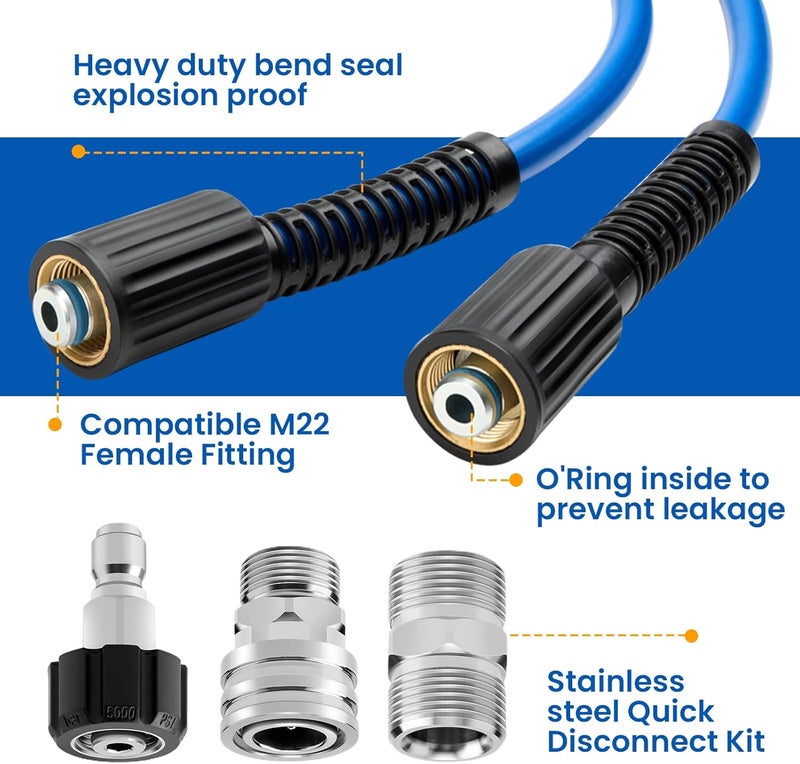 Twinkle Star Super Flexible Pressure Washer Hose 50ft, 5800 PSI Kink Resistant Power Washer Hose 1/4 in., Replacement Power Wash Hose with Stainless Steel M22 and 3/8" Quick Connection Kit - Image 2